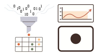 İkili kod, grafikler ve görsel elementlerle eşleştirilmiş yapılandırılmış verileri sınıflandırmak için bir huniden geçer. Makine öğrenme, yapay zeka, veri analizi, işlem, otomasyon, kalıp tanıma için ideal