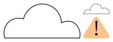 Büyük bulut, daha küçük bulut ve uyarı işareti olan turuncu uyarı işareti. Teknoloji, veri güvenliği, hava durumu uyarısı, risk yönetimi, depolama sorunları, basit tehlike