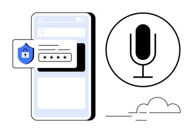 Parola girdisi ve kalkan simgesi ile akıllı telefon arayüzü, ses tanıma için mikrofon simgesi. Güvenlik, gizlilik, teknoloji, kimlik doğrulama, dijital araçlar, yenilik, basit iniş için ideal