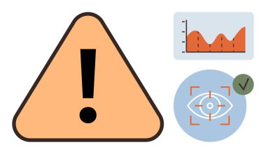 Ünlem işareti, göz takip odağı ve veri tablosu olan uyarı üçgeni. Güvenlik, analitik, risk yönetimi, güvenlik ve teknolojik gözetim için ideal bir karar. Basit düz metafor