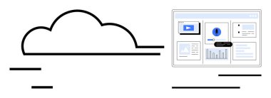 Grafikleri, çizelgeleri ve dosyaları gösteren dijital bir gösterge paneline bağlanan sadeleştirilmiş çizgilere sahip bulut. Teknoloji, bulut hesaplama, veri yönetimi, dijital araçlar, yenilik, iş dünyası için ideal