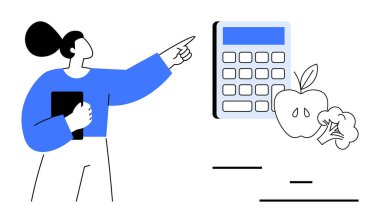 Hesap makinesini işaret eden bir kadın, elinde bir tablet, yanında da elma ve brokoli. Sağlık, diyet takibi, refah, dengeli yemek, yemek planlaması, eğitim için ideal