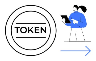 Çemberin içinde elinde tablet ve sağ tarafa ok tutan birinin yanında. Engelleme zinciri, kripto para birimi, teknoloji, finans, ticaret, büyüme ve basit iniş sayfası için ideal