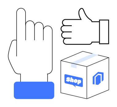 Yukarıya bakan el işareti, baş parmak işareti ve üzerinde dükkan etiketi olan mühürlü bir teslimat kutusu. Çevrimiçi alışveriş, dağıtım hizmeti, e-ticaret, müşteri onayı, etkileşim tasarımı, lojistik basit
