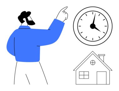 Mavili sakallı adam saati işaret ediyor ve evi yakınlarda. Zaman yönetimi, gayrimenkul, ev planlaması, iş hayatı dengesi, zaman izleme, dakiklik, basit düz metafor için ideal