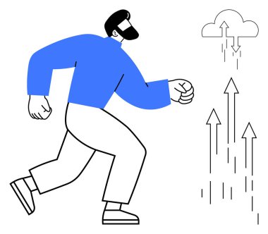 Yükselen oklar ve büyümeyi, başarıyı ve yeniliği sembolize eden bulut yolunda kararlılıkla yürüyen kişi. İlerleme, strateji, potansiyel, liderlik, gelişme, motivasyon için ideal basit