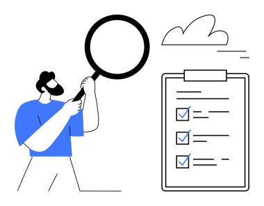 Elinde büyüteç tutan adam kontrol listesi ve tamamlanmış parçalarla panoyu inceliyor. Üretkenlik, organizasyon, analiz, planlama, araştırma, yönetim ve basit iniş sayfası için ideal