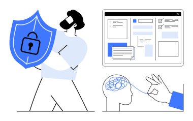 Kalkanı asma kilitle tutan kişi, görevlerle ağ arayüzü, çözülen beyin teli. Siber güvenlik, gizlilik, zihinsel berraklık, üretkenlik, dijital araçlar, verimlilik basit düz