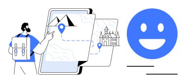 Sırt çantalı bir adam, bir dağ, kale ve rotayı gösteren dijital bir harita kullanıyor. Mavi gülen yüz baloncuğu yakında. Seyahat, keşif, seyrüsefer, turizm, macera haritalama sade iniş için ideal