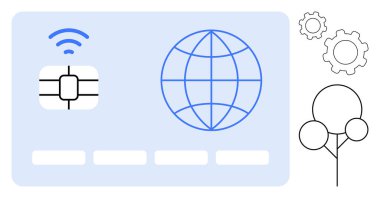 Dijital ödemeleri temsil eden kablosuz sinyal ve küreyle temassız çip kartı. Bitişik teçhizat ve ağaç simgeleri teknolojiyi ve sürdürülebilirliği vurguluyor. Fintech, e-ticaret, küresel için ideal