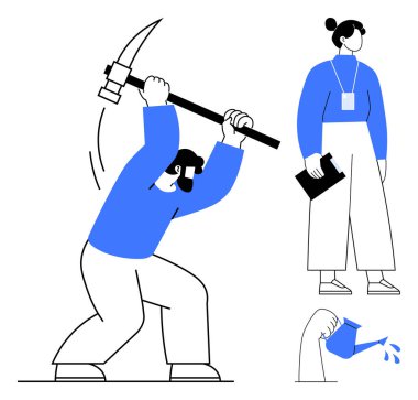 Kazmalı madencilik, pano tutan iş kadını, el sulama bitkisi. Takım çalışması, liderlik, sıkı çalışma, büyüme, işbirliği kaynak yönetimi hedef belirleme için idealdir. Basit düz