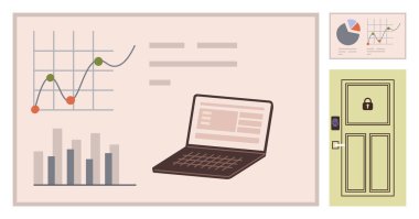 Dizüstü bilgisayar grafikleri, bar grafiği ve kilit takımlı turta tablosunu inceliyor. Veri analizi, güvenlik, teknoloji, iş stratejisi, araştırma, eğitim için ideal basit düz metafor