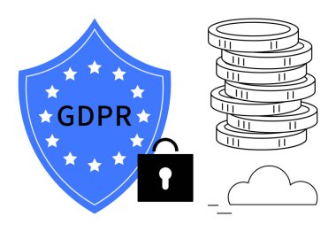 GDPR mesajı ve yıldızlı mavi kalkan, kara kilit, istiflenmiş paralar ve bulut. Güvenlik, gizlilik, düzenleme, veri koruma uyum teknolojisi ve finans için idealdir. Basit düz metafor