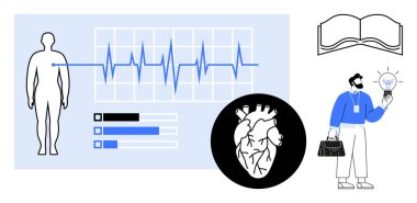 EKG grafiği, kalp diyagramı, açık kitap ve elinde ampul tutan insan figürü. Sağlık, yenilik, eğitim, araştırma tıbbı teşhis sağlığı için idealdir. Basit düz metafor