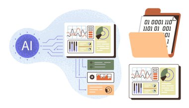 Yapay zeka devreleri, istatiksel gösterge panelleri, ikili kod içeren dosyalar ile teknik temalı görselleştirme. Yenilik, makine öğrenimi, analitik, büyük veri, teknoloji, otomasyon ve dijital için ideal