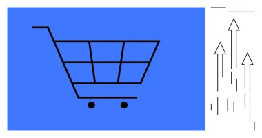 Mavi arka plandaki alışveriş arabasının ana hatları büyümeyi, çevrimiçi alışverişi ve perakende satışını sembolize eden yukarı doğru oklarla eşleştiriliyor. Ticari eğilimler, alışveriş, e-ticaret, pazarlama ve teknoloji için ideal