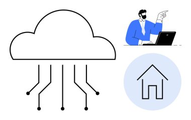 Teknoloji hatları olan bir bulut ikonu, dizüstü bilgisayarda uzaktan çalışan bir profesyonel ve bir ev ikonu. Teknoloji, ağ oluşturma, bulut depolama, uzaktan kumanda, akıllı ev teknolojisi yeniliği için ideal. Basit düz