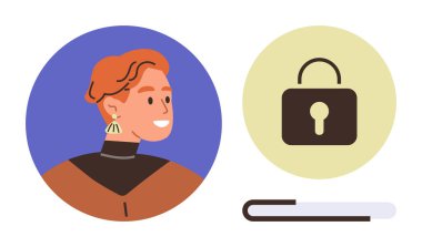 Cesur küpelerle gülümseyen kişi, daire şeklinde asma kilit simgesi ve ilerleme çubuğu. Gizlilik, siber güvenlik, kimlik doğrulama, kişisel güvenlik, veri güvenliği, kullanıcı erişimi modern kimlik için idealdir. Basit düz