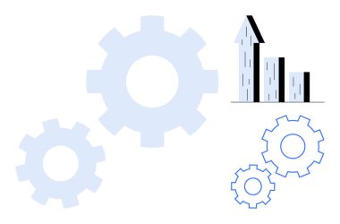 Yukarı doğru büyümeyi gösteren bir çubuk grafiğe bağlı dişli mekanizmaları. Üretkenlik, başarı, yenilik, gelişme, mühendislik, takım çalışması, basit iniş sayfası için ideal