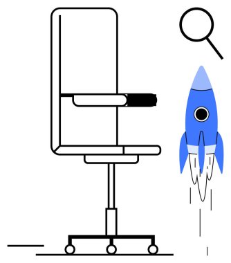 Ofis sandalyesi mavi bir roketle birlikte büyüteç yanında kalkıyor. Büyüme, yenilik, başlangıç zihniyeti, iş arama, verimlilik, kariyer başarısı, gelişme için idealdir. Basit düz metafor