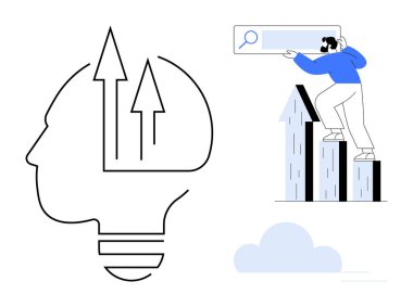 Yukarı doğru oklu insan kafası, arama çubuğu tutarken çubuk grafiklerine tırmanan bir insanla eşleşen büyümeyi simgeler. Yenilik, kendini geliştirme, analitik, strateji, araştırma, ilerleme için ideal