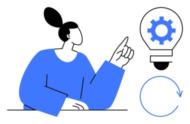 Kadın figürü, bir çark ve geri dönüşüm okuyla bir ampulü işaret ederek yaratıcılığı, yeniliği, problem çözmeyi, sürdürülebilirliği, iş akışını, beyin fırtınasını ve sürekli gelişmeyi temsil eder.