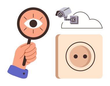 El ele tutuşan gözlüklü büyüteç, bulutun üstündeki kapalı devre kamera, kare güç çıkışı. İzleme, gizlilik, siber güvenlik, teknoloji, gözlem araştırma gücü tedariği için ideal. Basit düz