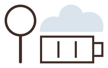 Büyüteç, bulut ve pil veri araması, bulut hesaplaması, enerji depolama ve sürdürülebilirliği gösteriyor. Teknoloji, araştırma, yeşil enerji yenilikleri optimizasyon bağlantıları için ideal