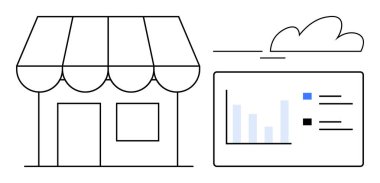 Bir bulut sembolü ile tamamlanmış, bar çizelgesi ve veri noktalarıyla analitik gösterge panelinin yanındaki perakende mağazası. Perakende, e-ticaret, iş büyümesi, pazarlama, strateji ve dijital için ideal