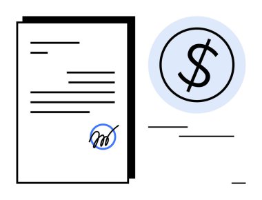 Bir dolar simgesinin yanında metin satırları ve imza içeren belge. Finans, yasal anlaşmalar, sözleşmeler, iş anlaşmaları, ortaklık, yatırımlar ve işlemler için ideal. Basit düz metafor