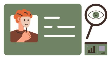 Kimlik kartının yanında yüz maskesi tutan kişi kimlik belirtir, büyüteç teftişi sembolize eder, harita analizi önerir. Güvenlik, gizlilik, kimlik doğrulama, kimlik denetimi için ideal