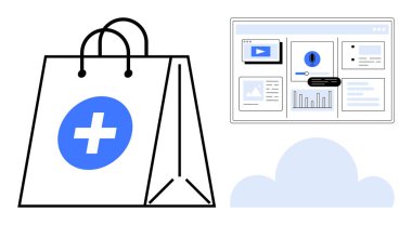 Tıbbi haçlı alışveriş çantası, çizelgeli veri paneli, bulut elementi. E-ticaret, sağlık, teknoloji, bulut depolama, veri analizi ve gelecekteki yenilikler için ideal. Basit düz metafor