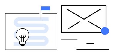 Yeniliği temsil eden ampul, ilerleme bayrağı, iletişim için zarf. Üretkenlik, yaratıcılık, yenilik, organizasyon, işbirliği, strateji için ideal basit iniş sayfası
