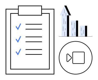Mavi işaretli görev listesi, yukarı doğru grafik, video simgesi. Üretkenlik, başarı, iş akışı, organizasyon, iş büyümesi, proje yönetimi için ideal basit iniş sayfası