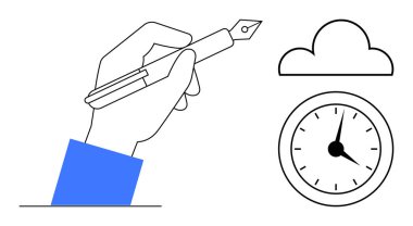 İnsan eli dolma kalem, duvar saati zamanı ve bulut şeklini gösteriyor. Yaratıcılık, zaman yönetimi, verimlilik, planlama, beyin fırtınası iş akışı yeniliği için idealdir. Basit düz metafor