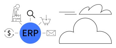 ERP merkezi merkez merkezi ve imalat, alışveriş arabası, e-posta, büyüteç, maliyet analizi için simgeler. Ticari optimizasyon, bulut teknolojisi, bütünleşme, verimlilik planlaması için ideal