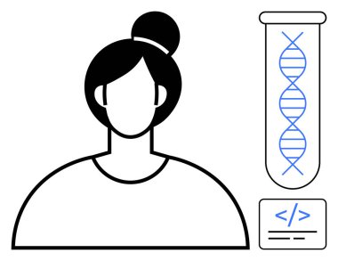 Test tüpündeki DNA ipliği ve kodlama parçasının yanındaki kadın portresi. Genetik, bilim, biyoteknoloji, araştırma, kodlama, yenilik ve sağlık konuları için idealdir. Basit düz metafor