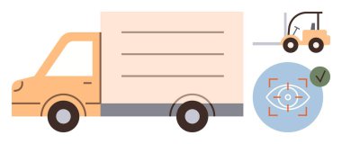 Bir forklift ve göz taramasının yanında lojistik, ulaşım ve güvenliği sembolize eden bir teslimat kamyonu. Nakliye, depo, izleme, tedarik zinciri ve teknoloji güvenliği için ideal