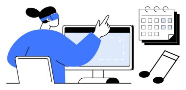 VR kulaklık takan kadın bilgisayar ekranı, takvim ve notalarla etkileşime giriyor. Yenilikçilik, üretkenlik, teknoloji, eğlence, zamanlama, yaratıcılık için idealdir