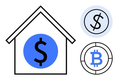 Merkezi dolar işaretli ev taslağı, geleneksel para birimi simgesi ve Bitcoin simgesi. Gayrimenkul, kripto para, finans, yatırım, tasarruf fintech ve zenginlik yönetimi temaları için ideal. Basit.