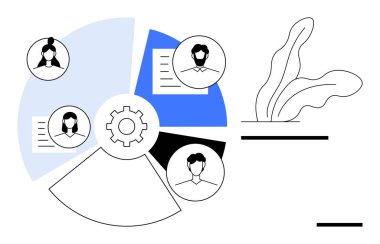 Çalışma akışı şeması kullanıcı profilleri, süreci temsil etmek için teçhizat ve belge simgeleri içerir. Takım çalışması, proje yönetimi, iş akışı, yenilik, süreç optimizasyonu ve uzaktan çalışma için ideal