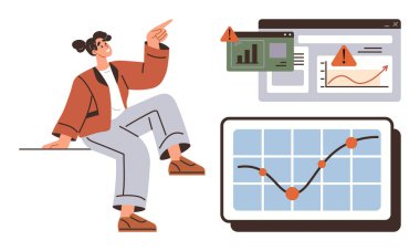 Kadın dijital ekranlardaki veri tablolarına, grafiklere ve uyarı alarmlarına bakıyor. Analiz, veri eğilimleri, iş büyümesi, risk yönetimi, tahmin, teknoloji basit düz metafor