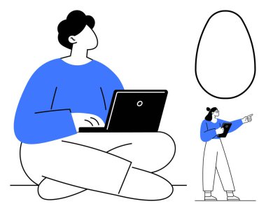 Dizüstü bilgisayarla bağdaş kurmuş, meslektaşı tableti tutuyor ve boş bir şekle işaret ediyor. Yaratıcılık, takım çalışması, dijital çalışma, beyin fırtınası, tasarım, eğitim, basit iniş için ideal