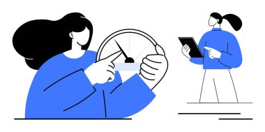 Bir başkası tabletteki verileri incelerken kadın göstergeyle etkileşime giriyor. Takım çalışması, performans takibi, veri analizi, iş stratejisi, proje yönetimi, teknoloji, basit iniş için ideal