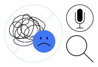 Karışık bir karalamayı mikrofon ve büyüteç ikonlarıyla kaplayan mavi üzgün surat. Ruh sağlığı, berraklık, kendini ifade, iletişim, organizasyon, farkındalık, basit iniş sayfası için ideal