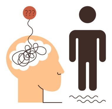Beyninde soru işareti olan bir balonla karışık çizgiler kafa karışıklığını temsil ediyor, soyut bir insan figürüyle eşleştirildiğinde insanlar arası zorluklar ortaya çıkıyor. Psikoloji ve iletişim için ideal