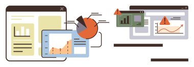 Grafikler, grafikler ve uyarı simgelerinin yer aldığı birden fazla ekran, veri görselleştirmesi ve analizi vurguluyor. Analiz, yönetim, izleme, finans, dijital strateji bilişim çözümleri için ideal basit