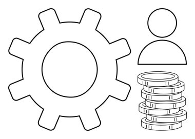 Vites simgesi, insan figürü ve birikmiş paralar mekanik süreçleri, insan rollerini ve finansal büyümeyi simgeler. Takım çalışması, finans, üretkenlik, ekonomi endüstrisi iş gücü işbirliği için ideal