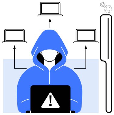 Uyarı işareti olan, birden fazla dizüstü bilgisayara bağlı kapüşonlu bir figür. Siber güvenlik, hackleme, veri sızıntısı, kötü amaçlı yazılım, çevrimiçi dolandırıcılık, bilgi güvenliği, basit iniş sayfası için ideal