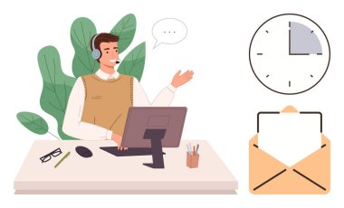 Kulaklıklı adam masasında bilgisayar, saat, zarf, gözlük ve bitkiyle konuşuyor. Müşteri desteği, iletişim, uzaktan çalışma, zaman yönetimi e-posta hizmetleri profesyonelliği için idealdir.